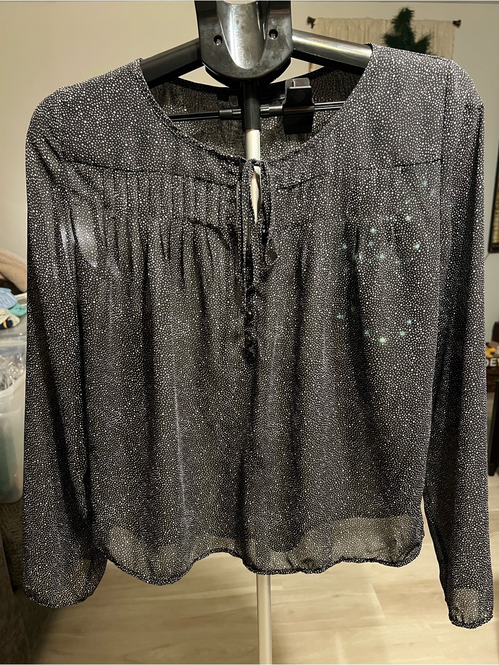 Guess Black Micro-Dot Long Sleeve Peasant Blouse